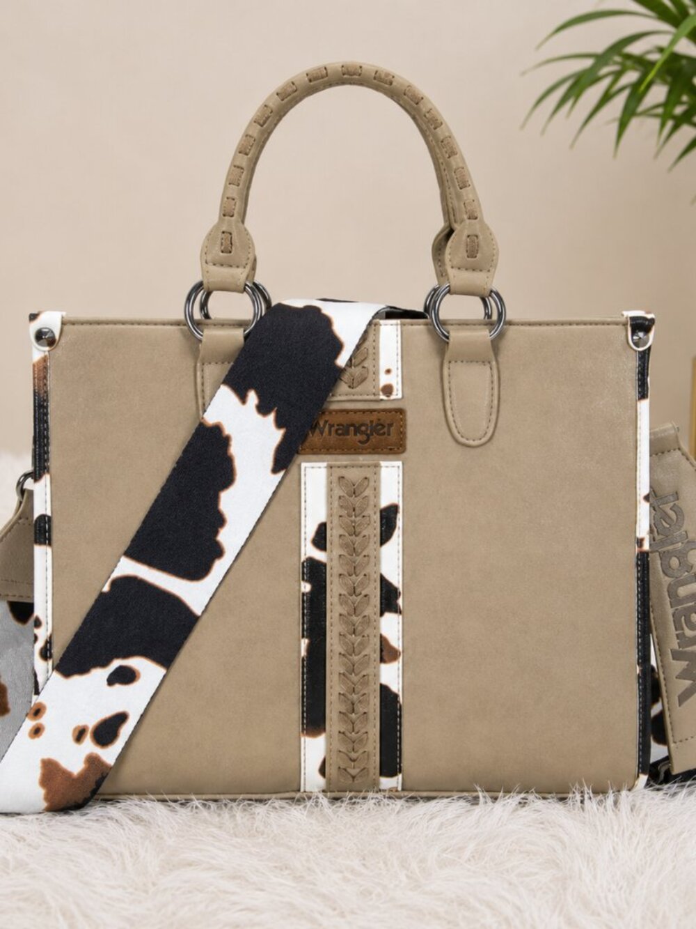 Wrangler Cow Print Western Tote Satchel Crossbody Bag Khaki NWT - Picture 1 of 2